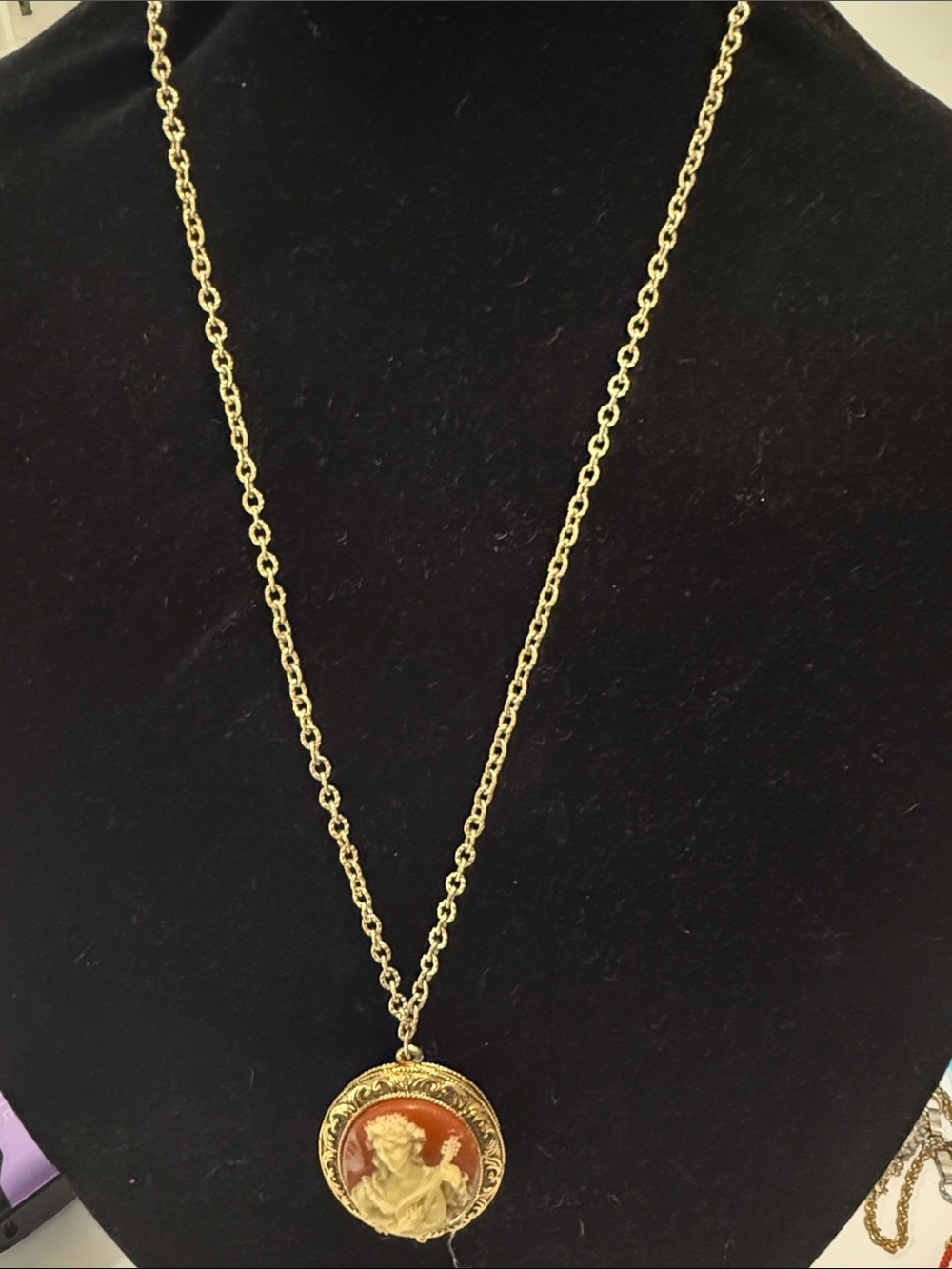 Gold-Tone Cameo Pendant Necklace in Brown and Gold